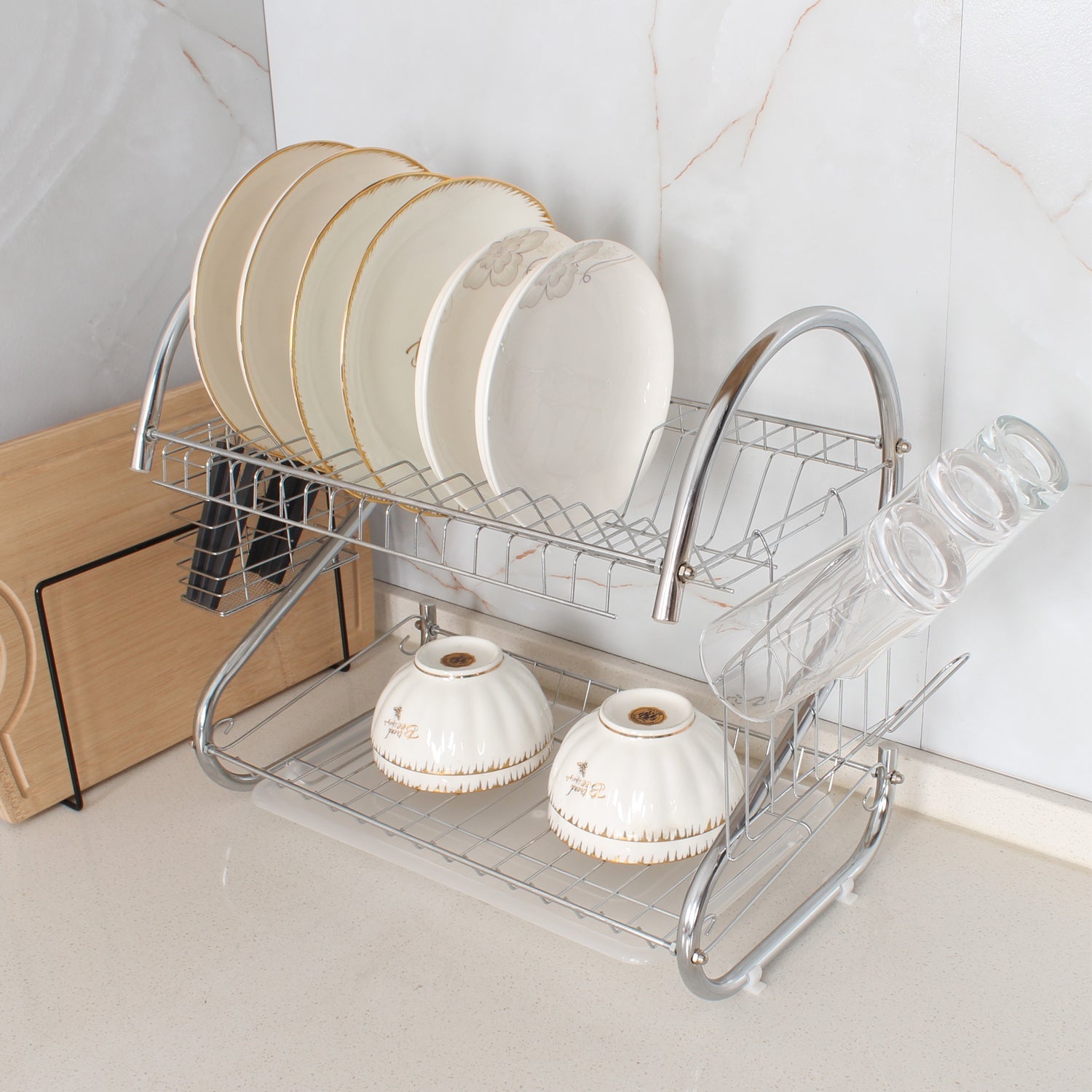 7665 Two Layer Dish Drying Rack with Drain Board Dish Rack with Utensil Holder DeoDap 7665 Two Layer Dish Drying Rack with Drain Board Dish Rack with Utensil Holder DeoDap